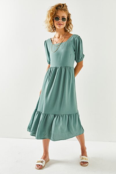 Olalook Kadın Çağla Yeşili Kısa Kollu Parçalı Bodrum Elbise ELB-19001956