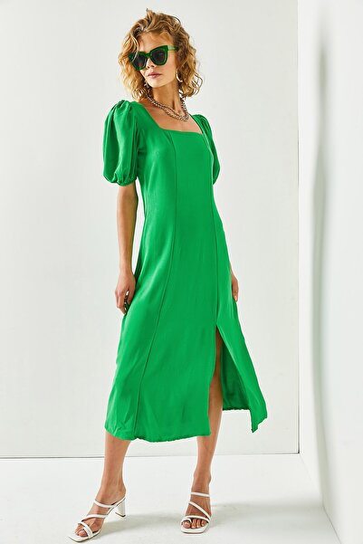 Olalook Γυναικείο Μίντι Φόρεμα με σχισμή γιακά με πράσινο τετράγωνο γρασίδι ELB-19001952