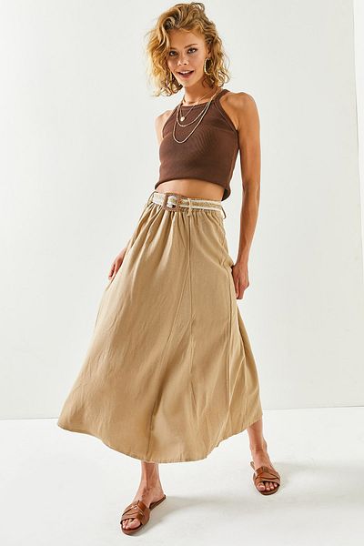 Olalook Women's Camel Belted Linen Mixed Bell Skirt ETK-19000251