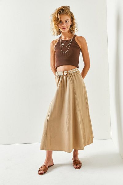 Olalook Women's Camel Belted Linen Mixed Bell Skirt ETK-19000251