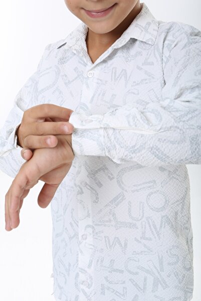 Cartellini Παιδικό λευκό Seersucker υφασμάτινο πουκάμισο με γκρι μοτίβο γραμμάτων