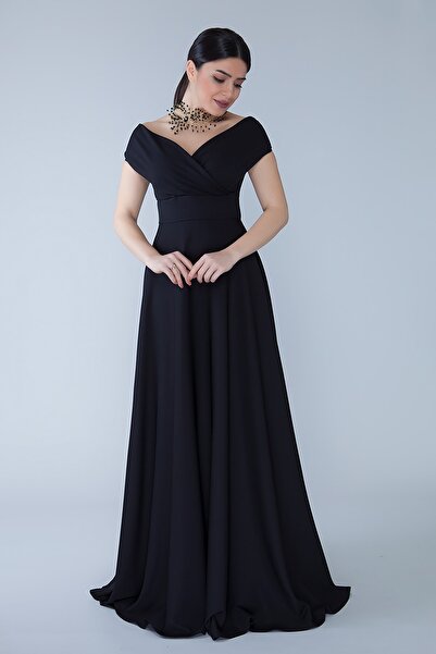 NO48 Rochie de seară neagră, cu decolteu barcă, țesătură dublu, fluidă, lungime maxi