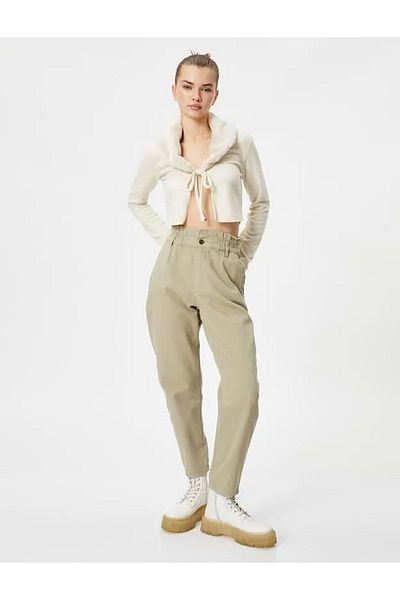 Koton Elastic Waist Trousers Slightly Tapered Leg Cotton Khaki