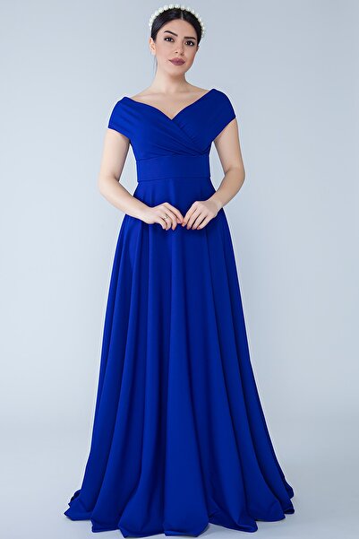 NO48 Rochie de seară maxi lungă din țesătură fluidă, cu decolteu barcă, albas...