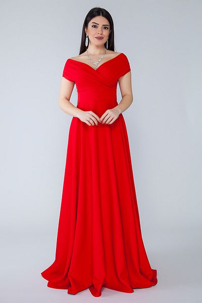 NO48 Red Boat Neck Double Breasted Woven Draped Fabric Maxi Length Evening Dress