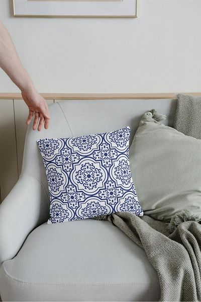 NT Handmade Zippered Single Blue Patterned Double Sided Printed 42x42cm Cotton Woven Throw Pillow Case
