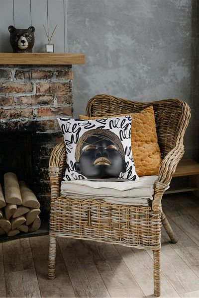 NT Handmade Zippered Single Gold Black Women's Printed 42x42cm Cotton Woven Throw Pillow Case