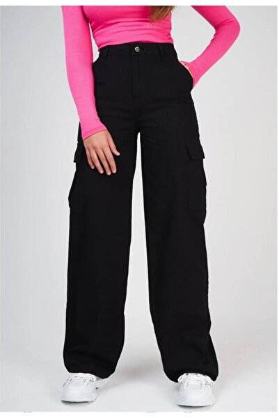 Durmaz Siyah Kargo Cep Pantolon Yüksek Bel Bol Paça