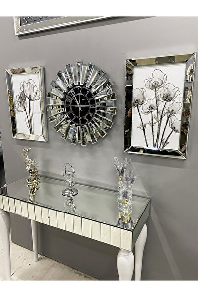 pupillahome Gümüş Aynalı Gelincik Tablo ve Güneş Saat Set