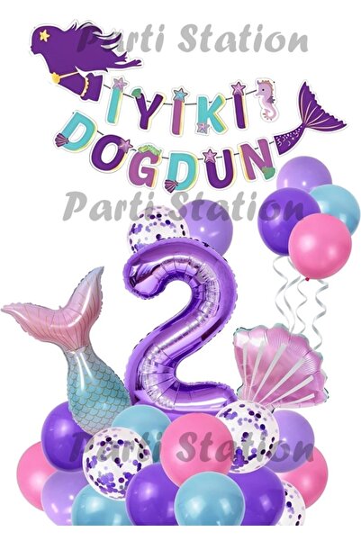 Parti Station Mor Rakam Balon Deniz Kızı Konsept Parti 2 Yaş Balon Set Mermai...