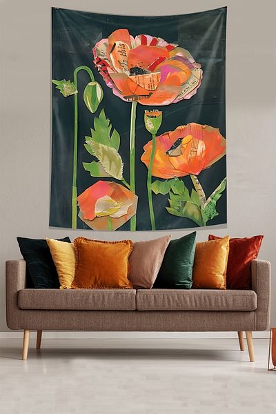 on the clouds Origami Poppy Flower Themed Stain Resistant Fabric Wall Cloth Wall Carpet Tapestry