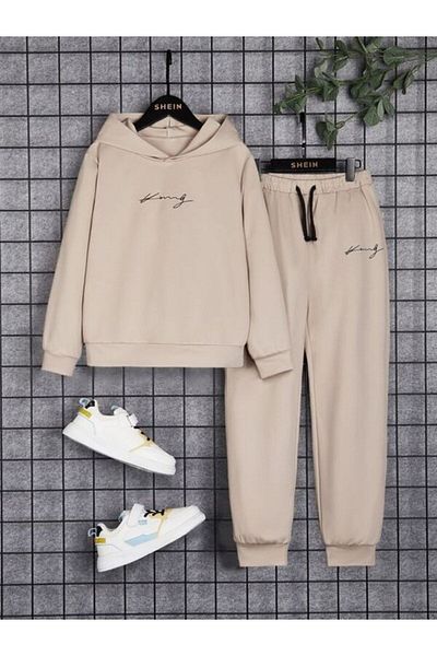 Benisengiydir Unisex Beige King Printed Oversize Hooded Sweatshirt Set