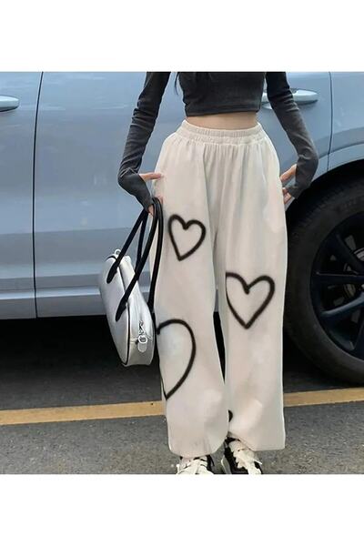 Gofeel Pantaloni de sport pentru femei Harajuku Heart Printed Heart Printed O...