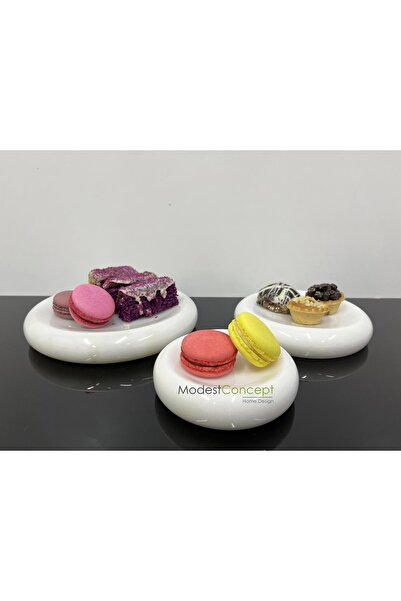 Modestmar Doğal Beyaz Mermer Sunum Tabağı Pasta Tabağı, Çikolata Tabağı 3lü Set