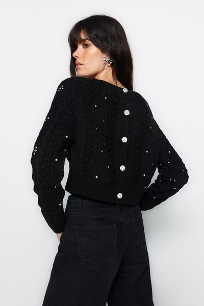 Trendyol Collection Pulover-cardigan negru cu două fețe tricotaj utilizabile TWOAW24KZ00144