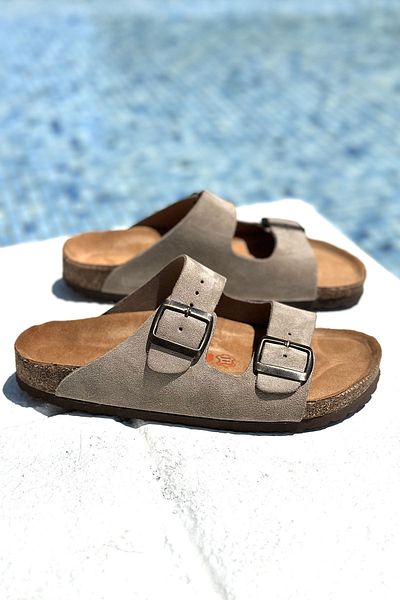 Uniqueqoop Tokyo Orthopedic Cork Sole Suede Taupe Unisex Slippers