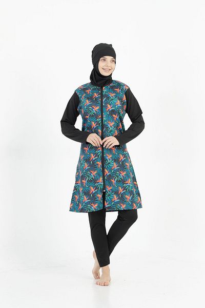 by İGP Women's Black Patterned Large Size Full Covered Quick Drying Zippered Hijab Swimsuit