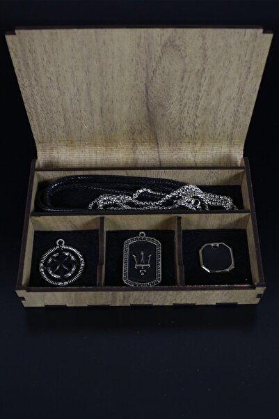 Dukkanka Kolye Seti Ahşap Özel Kutulu Pusula, Mızarak Ve Künye Künye İp Ve Zi...