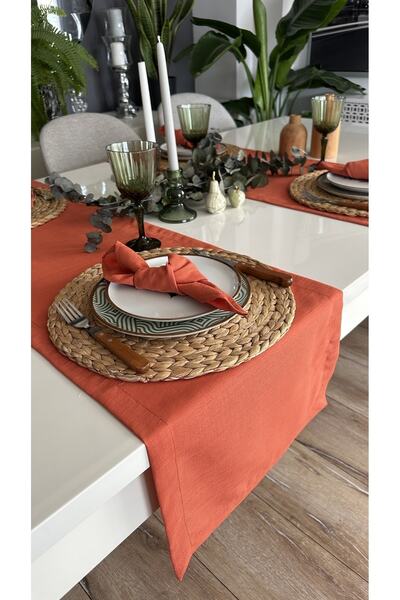 Decamor home Λινάρι με υφή Πλακάκι Κανέλα Κοντός δρομέας
