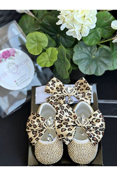QUEEN AKSESUAR Luxury crystal rhinestone plated baby girl design shoes booties hair band leopard bow princess