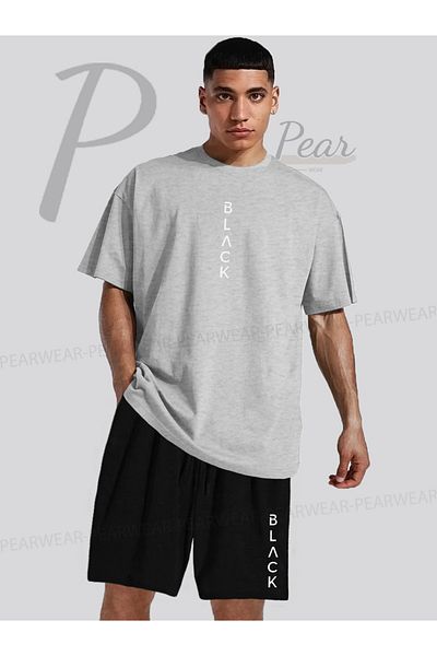 Pear Wear تي شيرت أسود كبير الحجم مطبوع بقصة عادية، طقم شورت تي شيرت مزدوج