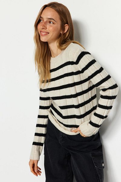 Trendyol Collection Stone Soft Textured Striped Knitwear Sweater TWOAW24KZ00582