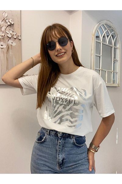 Mzr Collection Tricou cu imprimeu Joyfull cu imprimeu argintiu