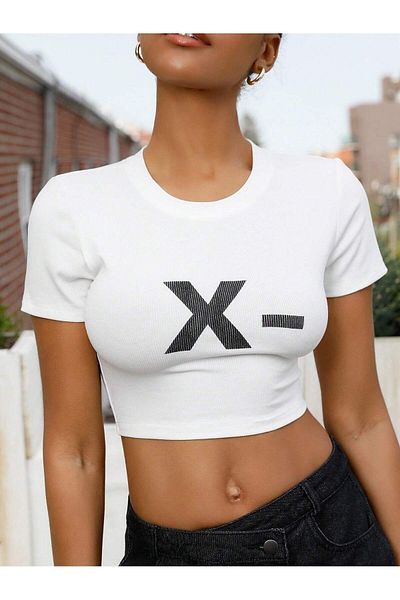 Jose Clothing Λευκό εμπριμέ γυναικείο Crop Top - Κοντό μανίκι, μπλούζα που εφαρμόζει στο σώμα