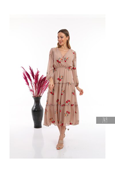 Miss Allos Μακρύ φόρεμα σιφόν με επένδυση και κέντημα με λουλούδια