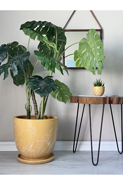 odka 40litre Klasik Saksı Tabaklı 40cmx40cm Sarı Mermer Desenli