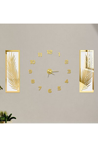 Wooden Factory 3 Parçalı Duvar Saati Seti, Akrilik Pleksi Aynalı Palmiye Yapr...