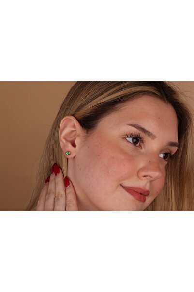 Akgül Silver Zümrüt Yeşili Zirkon Tektaş Altın Kaplama Gümüş Küpe