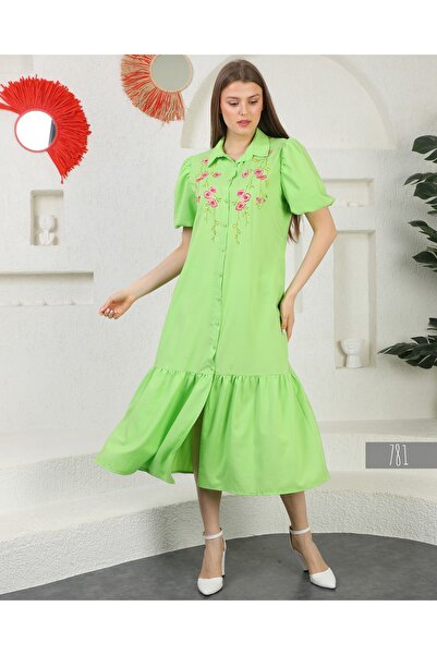 Miss Allos Μακρύ φόρεμα με κουμπιά στο κάτω μέρος και κεντημένο γιακά πουκάμισου