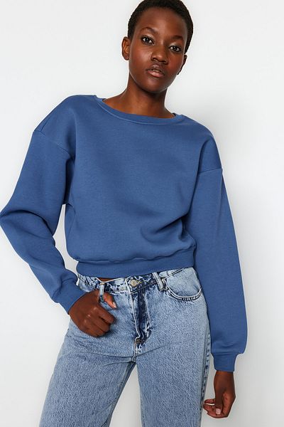 Trendyol Collection Indigo Relaxed Fit Crop Basic Crew Neck, vastag belső polár kötött pulóver TWOAW24SW00147
