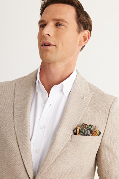 ALTINYILDIZ CLASSICS Ανδρικό μπουφάν σακάκι σε μπεζ λεπτή εφαρμογή Slim Fit γιακά με σχέδιο