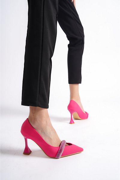 Moda Değirmeni Fuchsia Satin Women's Stone Thin Heeled Evening Dress Shoes BG1168-121-0001