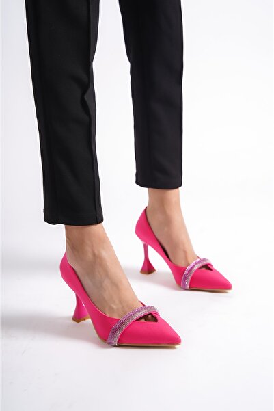 Moda Değirmeni Fuchsia Satin Women's Stone Thin Heeled Evening Dress Shoes BG1168-121-0001