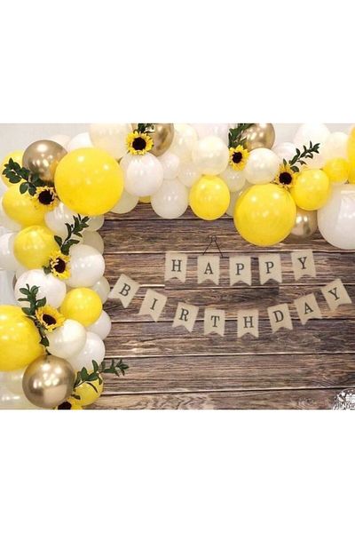 MERİ PARTİ DAISY CONCEPT BALLOON CHAIN SET HAPPY BIRTHDAY TEXT BANNER YELLOW WHITE BALLOON SET