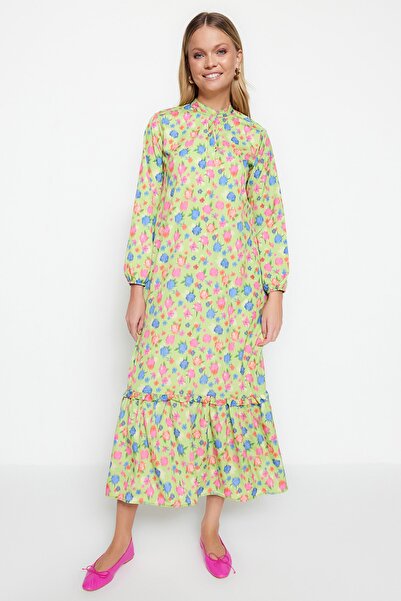 Trendyol Modest Σκούρο πράσινο φλοράλ στάμπα φούστα μισής πατιλέτας, υφαντό φόρεμα με φόδρα με βολάν