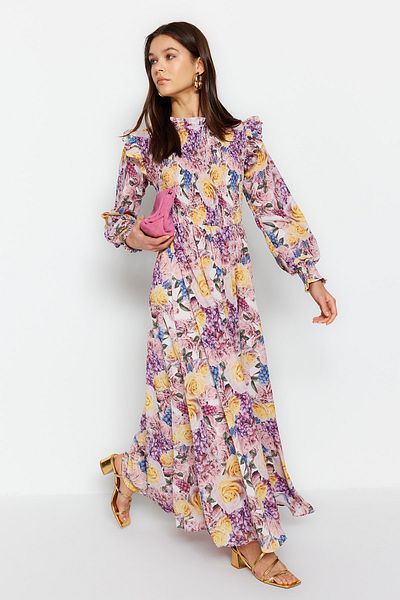 Trendyol Modest Πολύχρωμο υφασμένο φόρεμα με σιφόν και βολάν TCTSS23EB00142