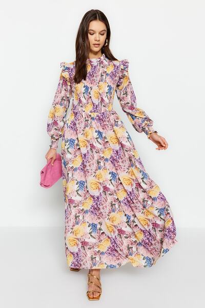 Trendyol Modest Vícebarevné tkané šaty s šifonovou podšívkou a volány TCTSS23EB00142