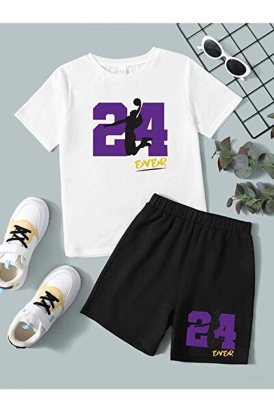 Revasser Erkek Çocuk 24 Özel Baskılı Penye Bisiklet Yaka Tişört - Şort Takım