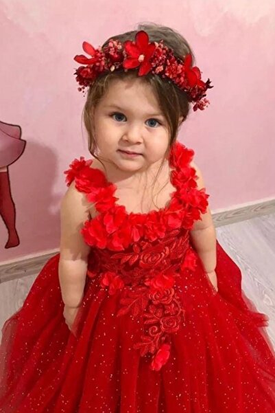 Tomac Güllü Kız Çocuk Elbise Kristal Tüllü  Taçlı Kırmızı Güllü Kız Çocuk Abiye