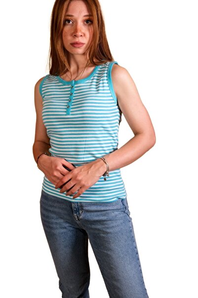 Blues Outlet KADIN SİMLİ ÇİZGİLİ ATLET BLUZ-TURKUAZ ÇİZGİLİ