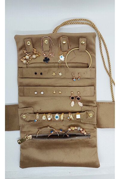 Gold Box منظم مجوهرات وحقيبة سفر قابلة للطي بني فاتح