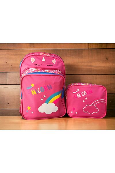 Sentor Pink UNICORN & Rainbow Printed Primary School Bag and Lunchbag