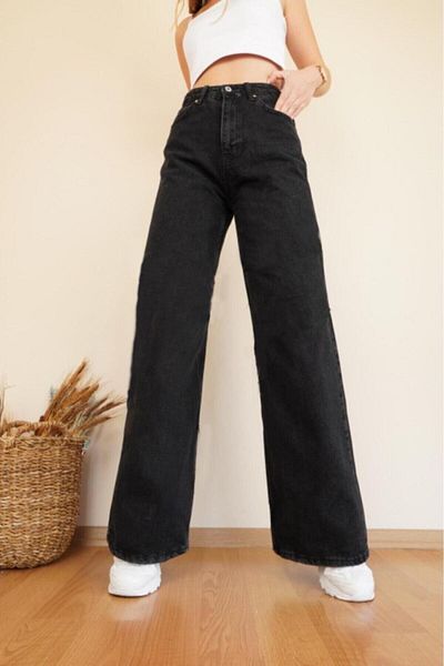 Trn JNS Blugi negri cu talie super înaltă - Pantaloni Palazzo Wide Leg