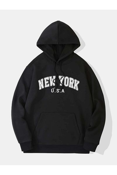 Revasser Hanorac oversize cu glugă, negru, imprimat New York