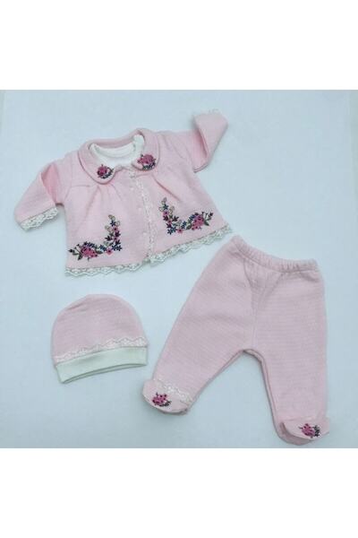 Eda Baby Freya Cross Stitch Embroidered 4 Piece Set with Long Sleeves Combed Cotton Bodysuit Hat