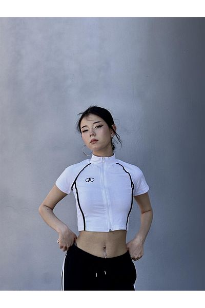 Gofeel Y2k Zippered Aesthetic Line Detail Crop